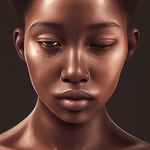 Portrait of a young black woman crying. Tears the colour of oil. Depression seeping out of her eyes nose and mouth like a oil spill