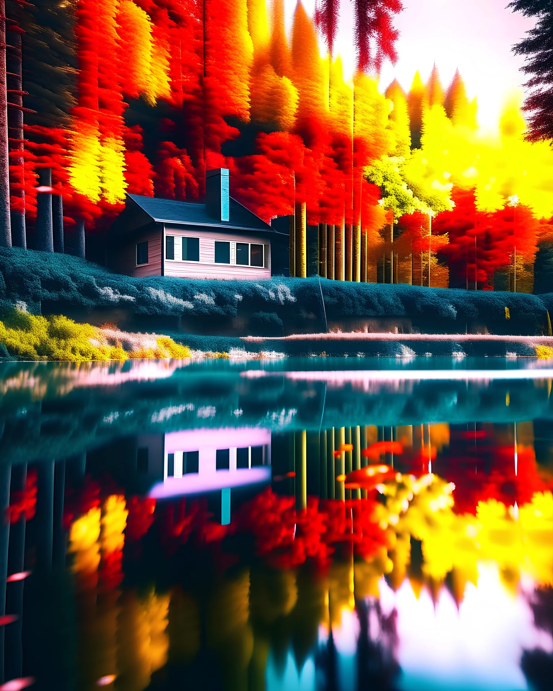 Forest reflected in the lake, autumn cabin, hyper-detailed retro 8k art.