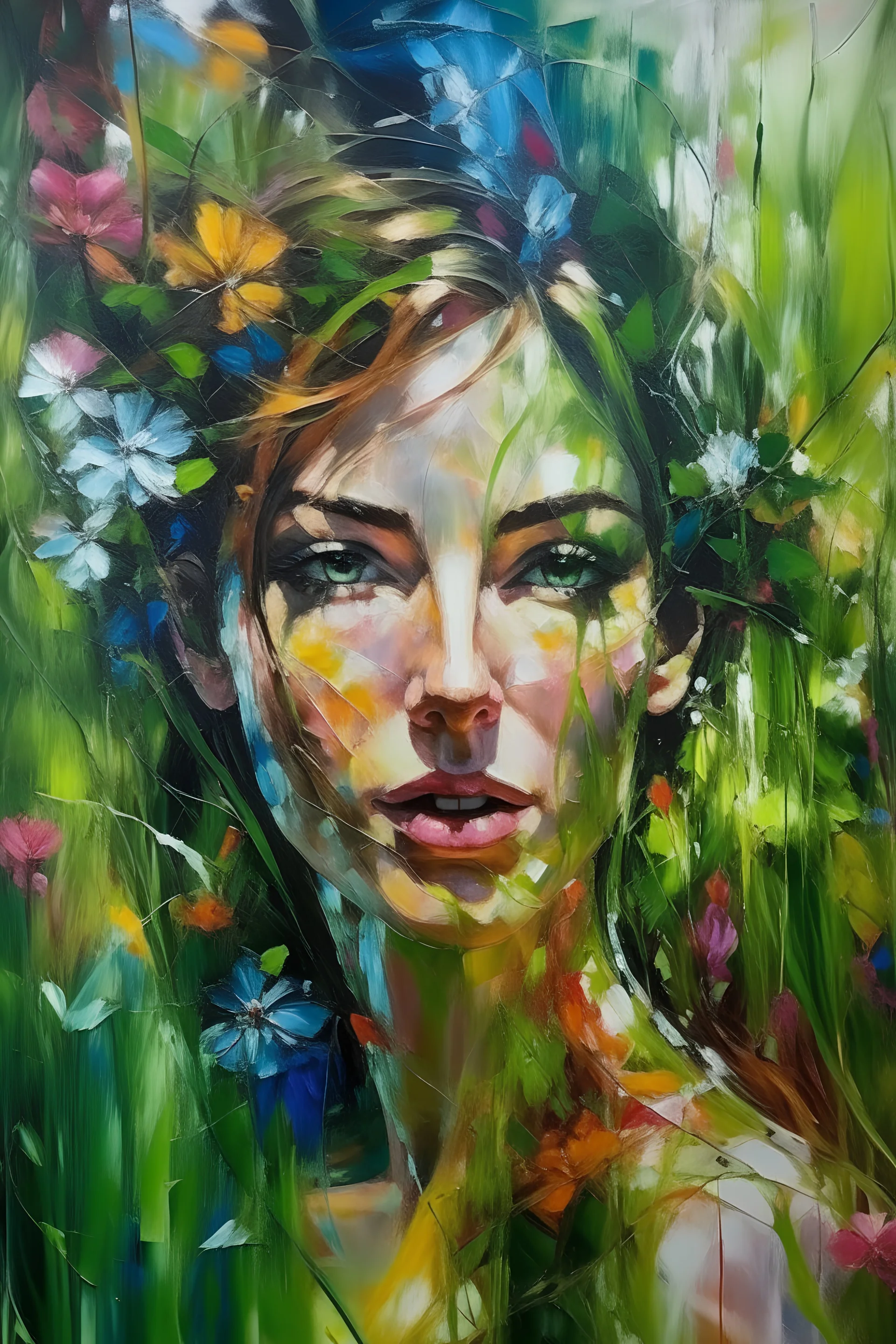 abstract portrait painting with blurred and incomprehensible details, large strokes of bright A nature full of flowers and green grass