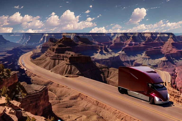 A Tesla 'Semi' (semi truck) is parked, in the 'Grand Canyon National Park'. (CINEMATIC, WIDE ANGLE LENS, PHOTO REAL)