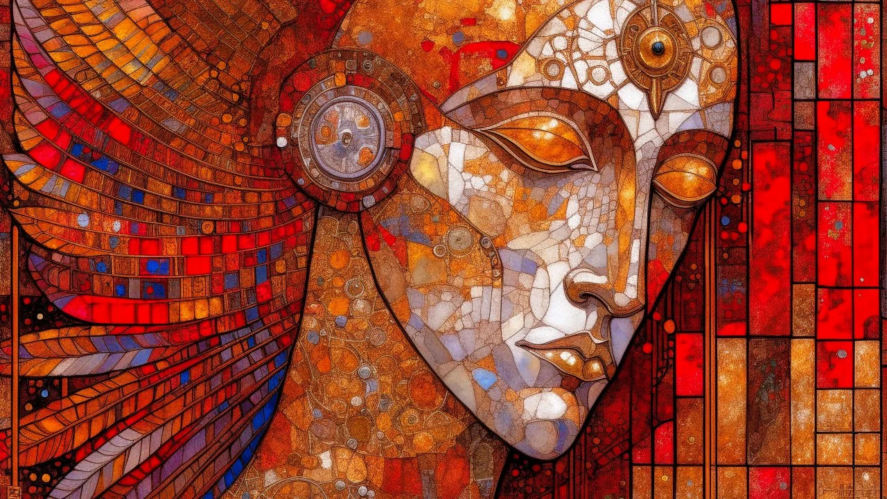 In Margaret Macdonald's art style, surreal, male angel, glitter, shimmer, glitter, shimmer, iridescent, bright colors, garnet, brown, burnt sienna, rust, silver, white, beige, snakeskin, hyper detail, hyper realistic, splash art , concept art, medium shot, intricate detail, color depth, drama, 2/3 face angle, side light, colorful background