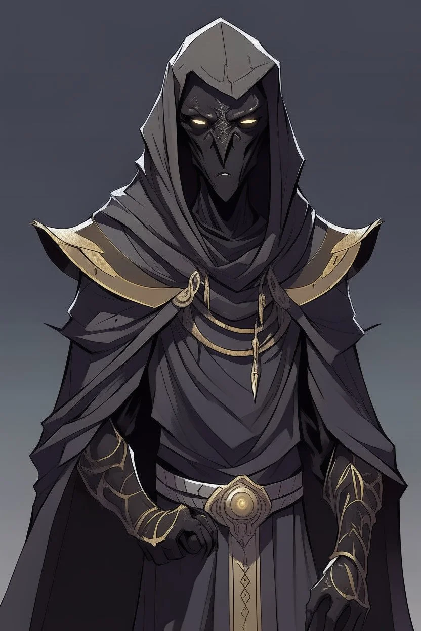Anime alien villain character with black skin, huge , antagonist smart,too much modern armour and wearing a robe cover his head , aged thousand years and can He achieves anything he imagines