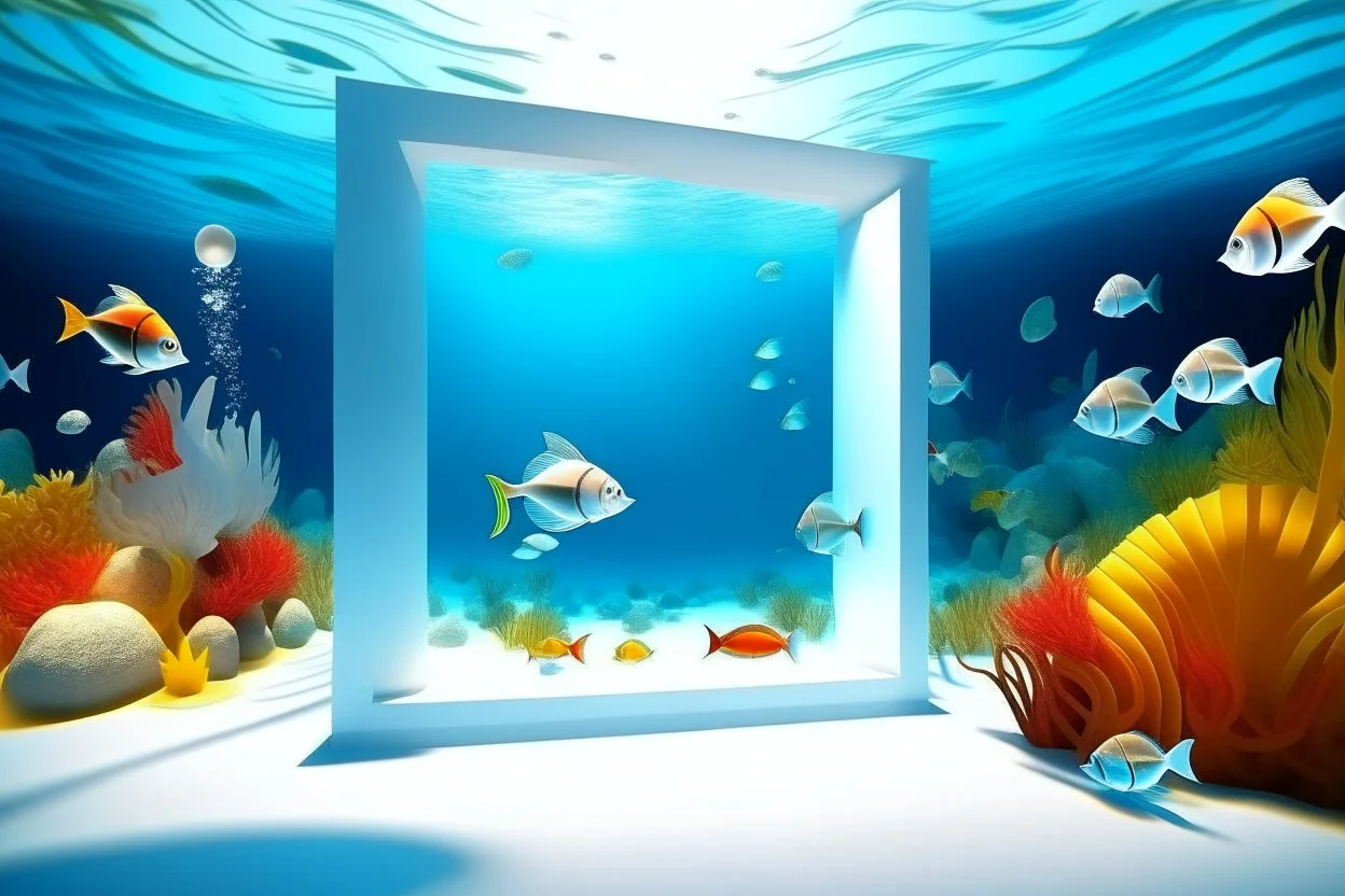 white,background,looking,through,a 3-d, square hole,watching,tropical,fish,swimming,in,the,ocean