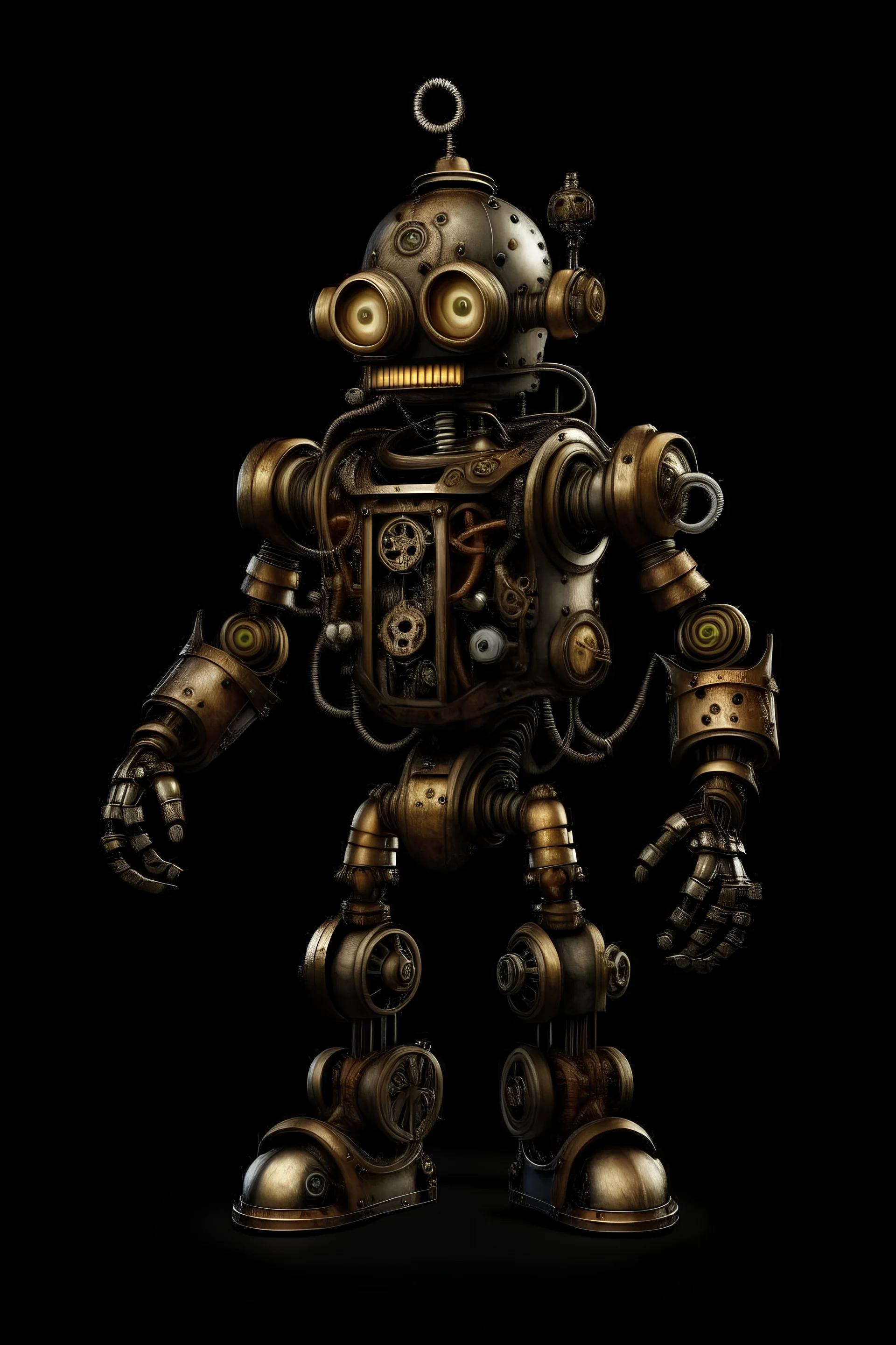 Creepy steampunk robot, smiling, dark background, full body