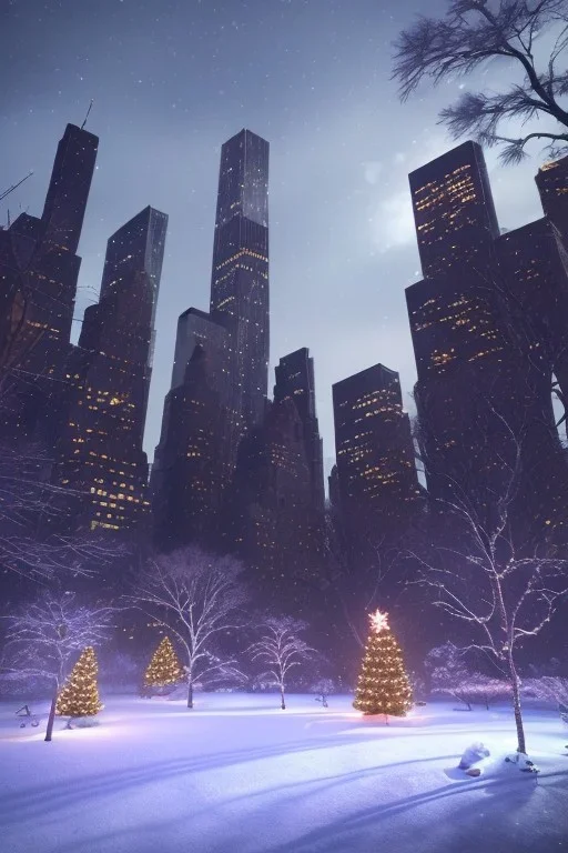 Central park, Realistic night christmas, snow, 4k, big tree christimas, intricate, bump