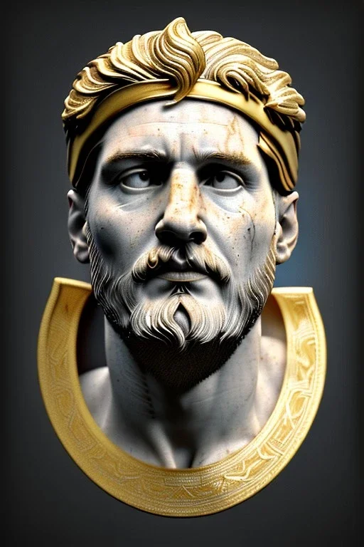 Ultra Realistic image, Roman sculpture, white marble material, Lionel Messi, gold Laurel leaves wreath, renaissance ornaments, radial gold lines, one gold star in heart, gold sun ornament back, blue background, chisel style, waist up portrait, emperor style, epic, celestial, cinematic lighting, God light, god rays, 4k resolution, smooth details, ornate details, soft lighting, unreal engine 5, art station, substance 3d.