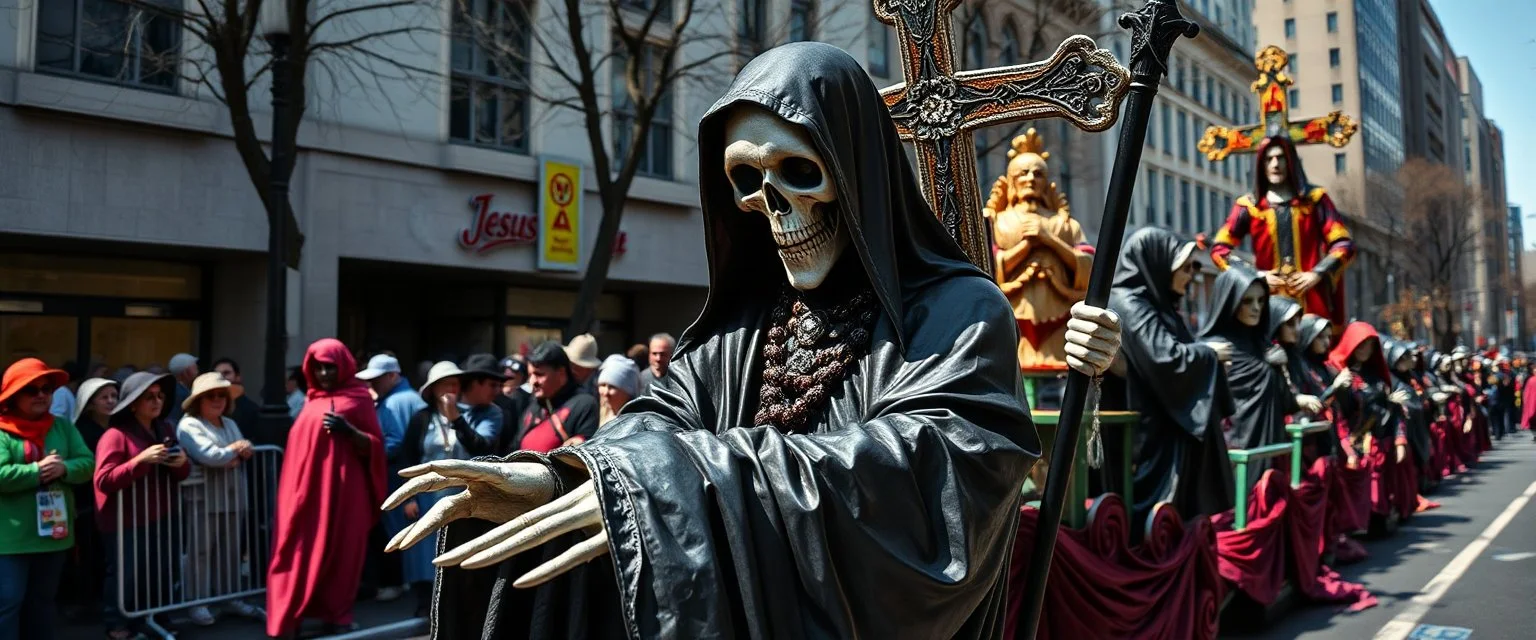 multi colored, bright, vivid, psychedelic, high detailed, high gloss, insanely detailed, matte, horrorcore, lining the street, unsettling contrast, monument to death, live action shot grim reaper parade, pulling a jesus parade float