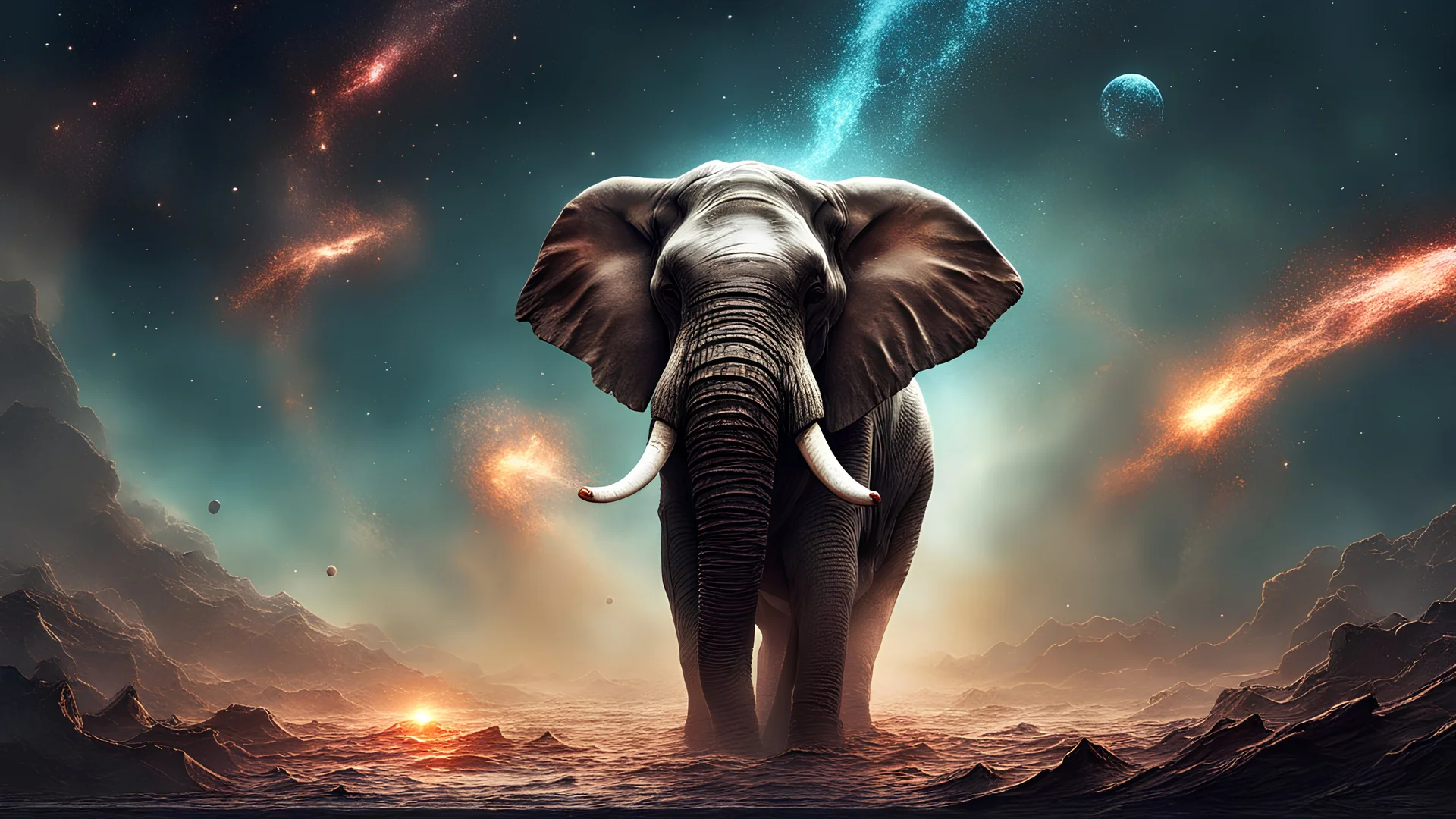 Elephant, depicting a cosmic cataclysm, apocalyptic chaos and splintering galaxies, industrial scifi, splashart illustration, high definition, high quality, highly detailed, ultra realistic
