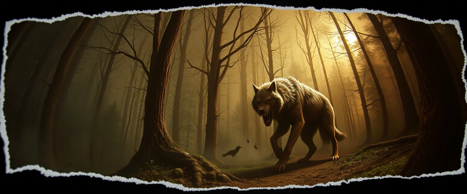 3d airbrush render,i was cooking garlic and went out to eat and something hit me hard and i wake up puked and wrestled a vampire werewolf and ran to the forest to sleep , pinhole cam, airbrush 3d rendering, in the style of Titian and Dali , torn edges on border