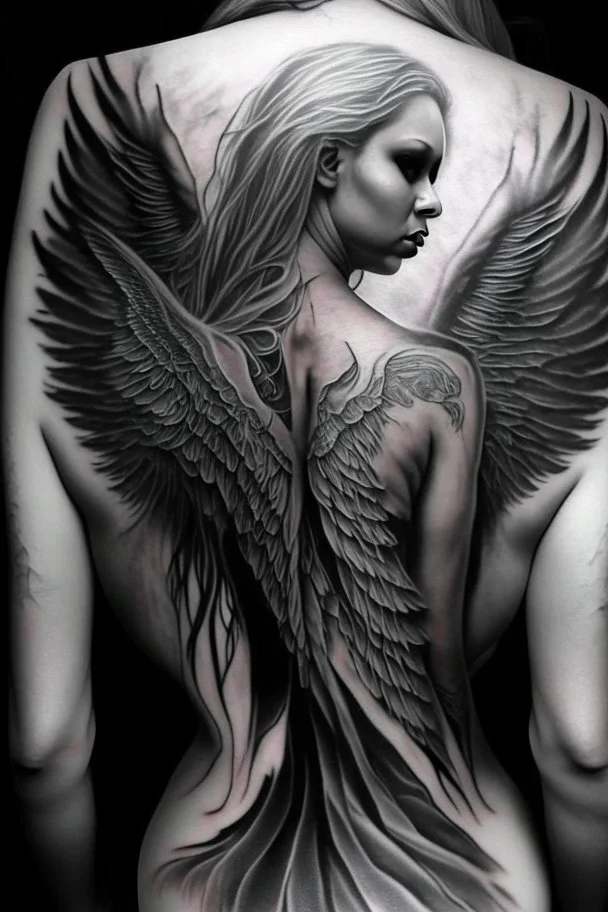 woman angel from back ultra realistic tattoo design