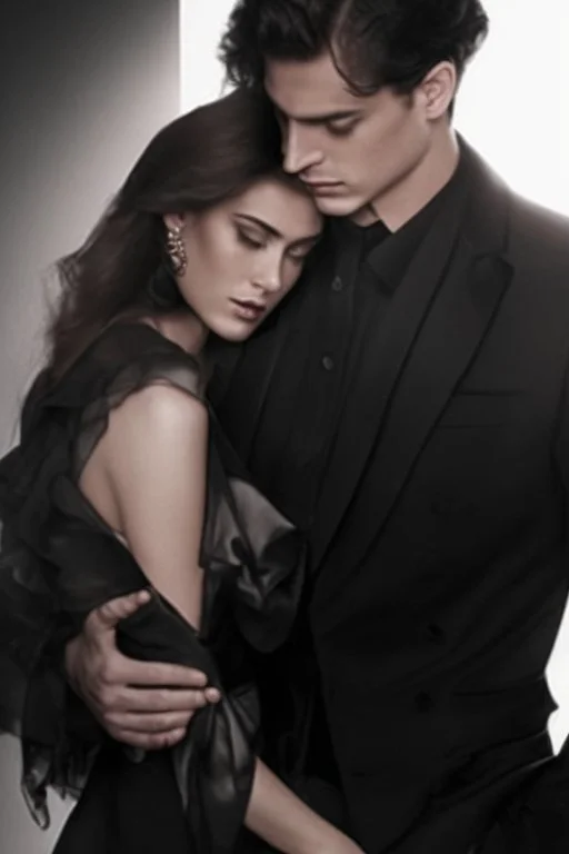 The cover features a stunning, hyper-realistic photograph with a sharp focus on the detailed attire of the mafia boss—a tailored suit exuding power and sophistication. Beside him stands the beautiful girl, her gradient lips and rosy cheeks captured in exquisite hyper-realism, their expressions evoking emotions of passion and depth. The white background accentuates the characters' striking appearances and the fine details of their outfits, creating an aesthetic contrast, anime aesthetic