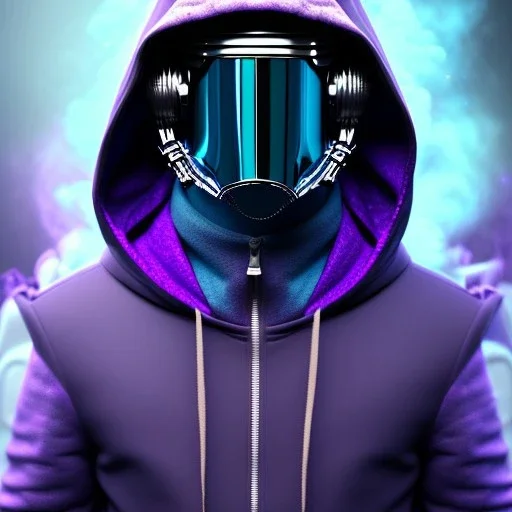 purple galaxy masked hooded super villain, weapons in hands, teal and purple smoke, full portrait, hyper realistic, 4k