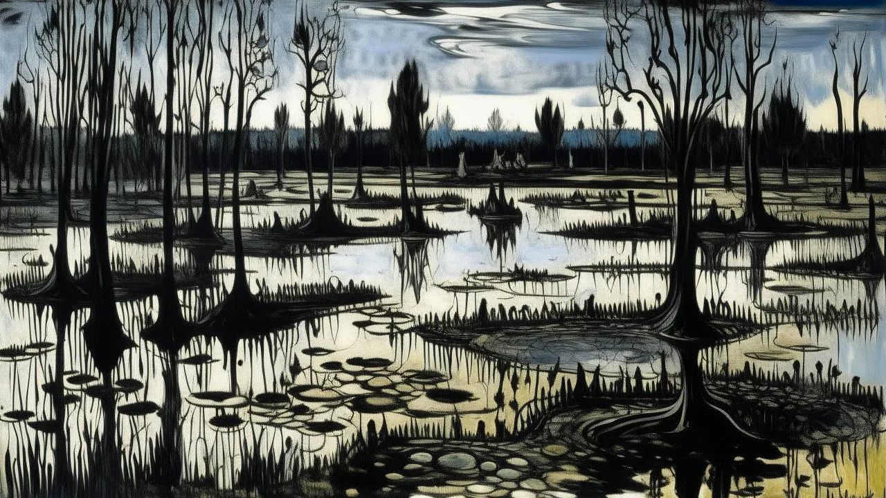 A black wetland with shadow monsters painted by Claude Monet