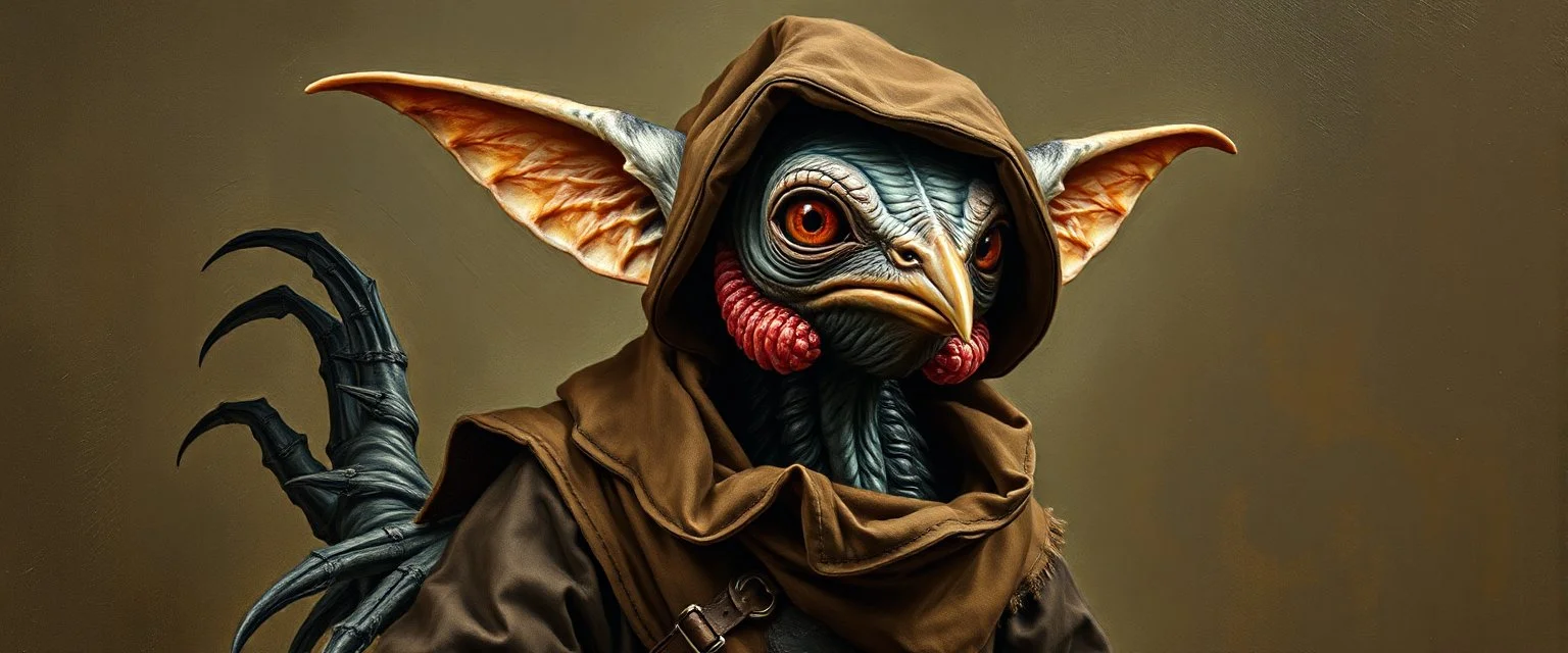 amish space alien gremlin hen dressed in amish outfit, painted by Rembrandt, Escher and Giger