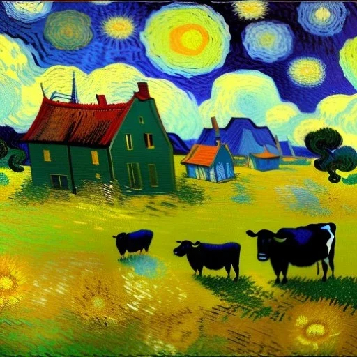 Dibujo al oleo de una pradera con una casa y unas vacas con muchas nubes de colores estilo Vincent van Gogh