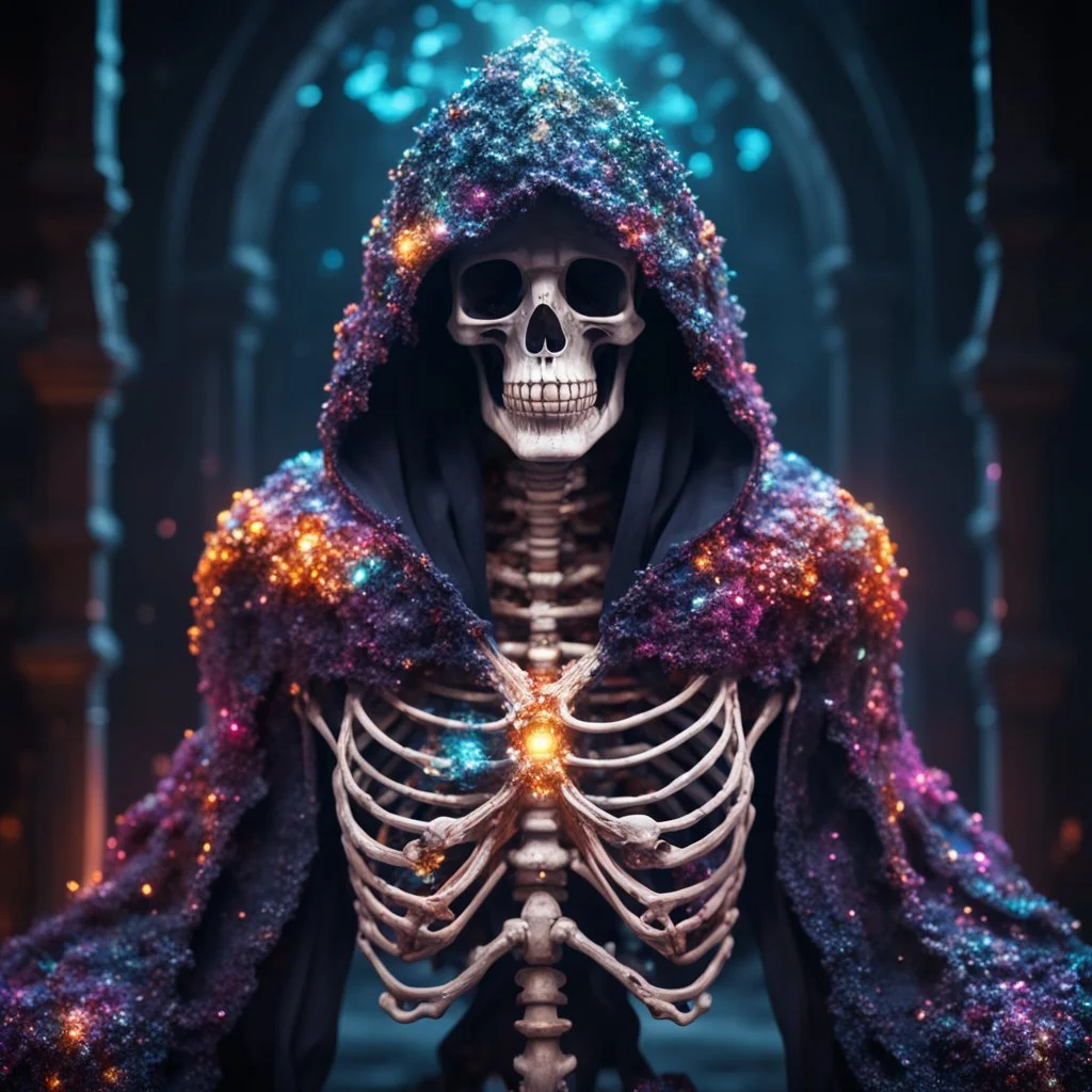 gigantic scarry dark hooded crystal skeleton made of marble, bright colors, glowing sparkle particles, dark tone, sharp focus, contrast, 8k, incredible depth, dramatic lighting, beautifully intricate details, clean environment, epic dynamic scene