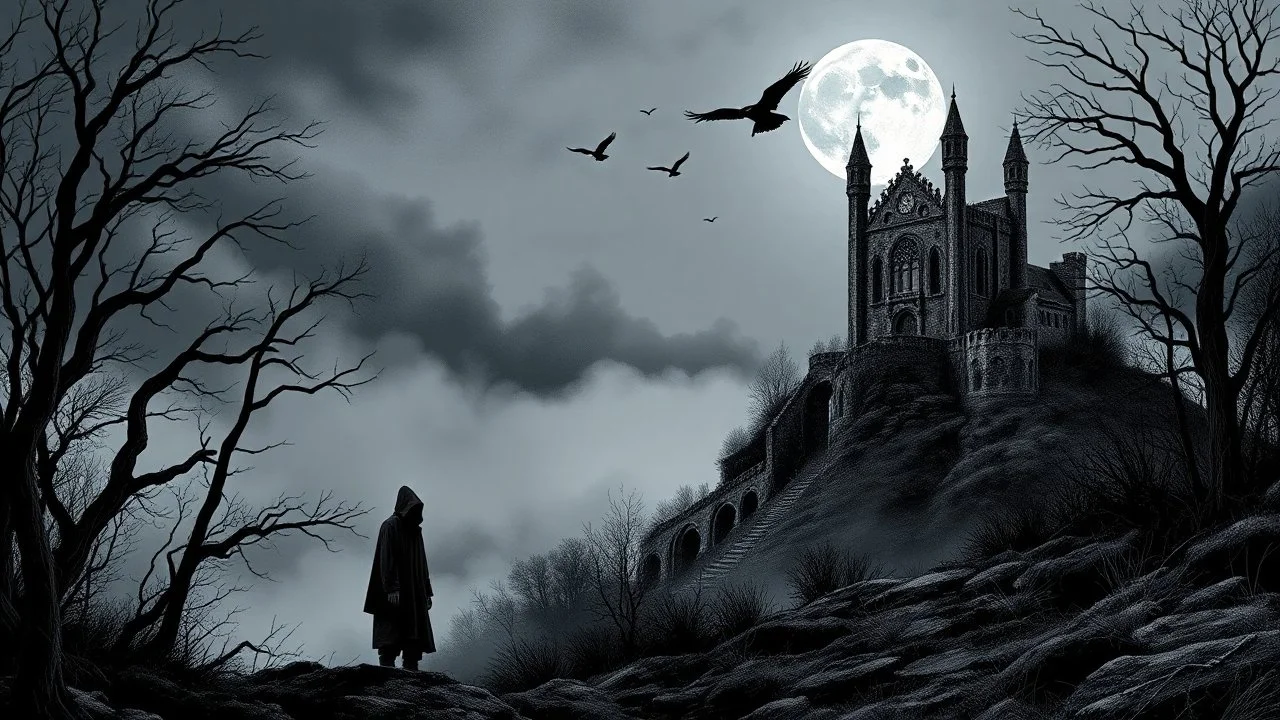 detailed graphic art, ruined gothic castle standing on a hill on the right side of the composition, one moon on the night sky, a few raven silhouettes flying near the moon, thick mist surrounding the hill, dark forest on the left side with twisted bare trees, a solitary black hooded figure standing at the forest edge looking toward the castle, mysterious atmosphere, ancient forgotten ruins, dark fantasy aesthetic, detailed linework