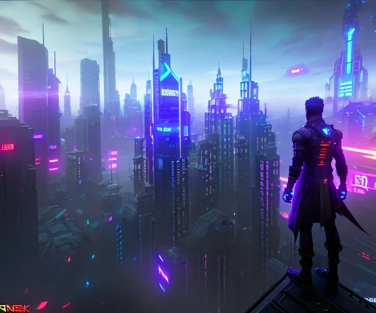 cyberpunk scene, 3d render, great detail, ninja, standing on top of building, viewing the city, third person view