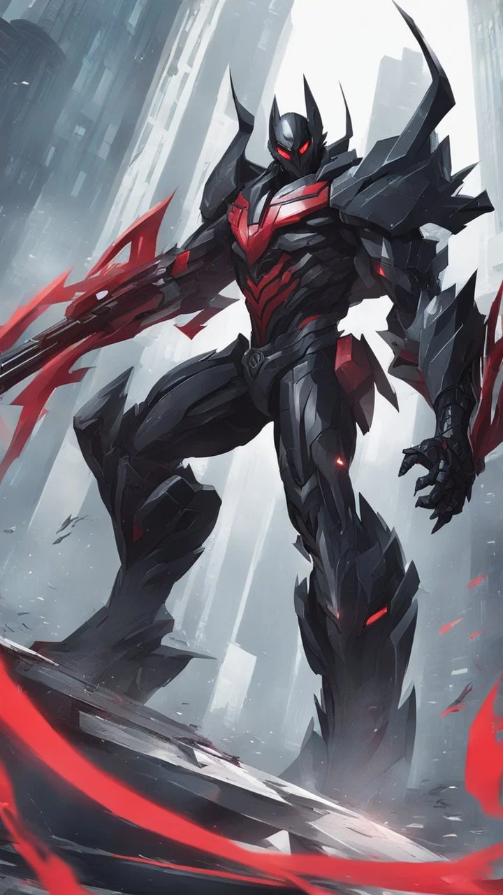 A close picture to Mix between transformers and venom symbiote in solo leveling shadow art style with red details detailsis in fantasy world