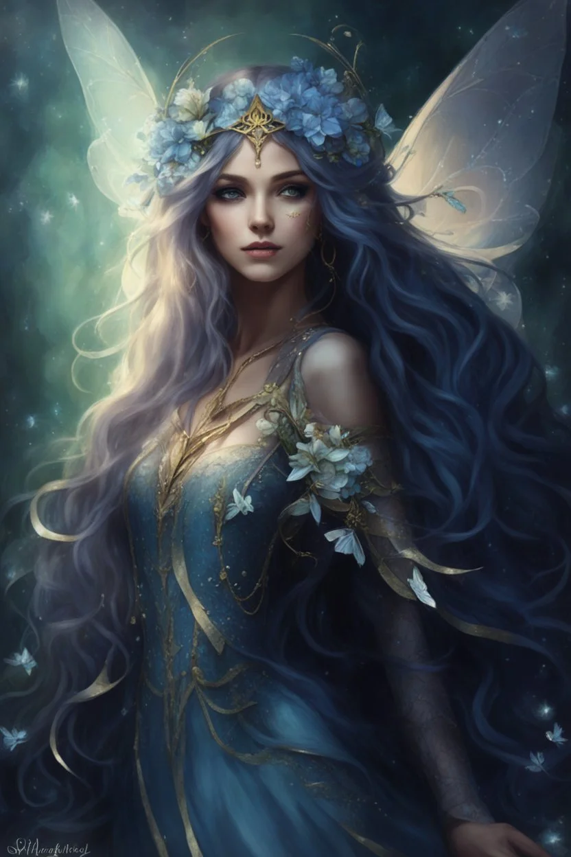 Midnight blue,Dark blue hair,night,dark fairy princess ,elven crown,elven ears,sparkle,glitter,lillies of the valley,gold armor,dragonflies,rapunzel hair,hydrangea