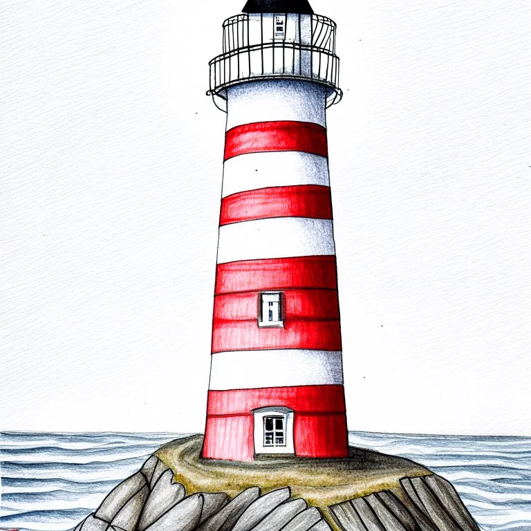 A colored pencil drawing of the red and white striped lighthouse Sletringen Lighthouse in Norway