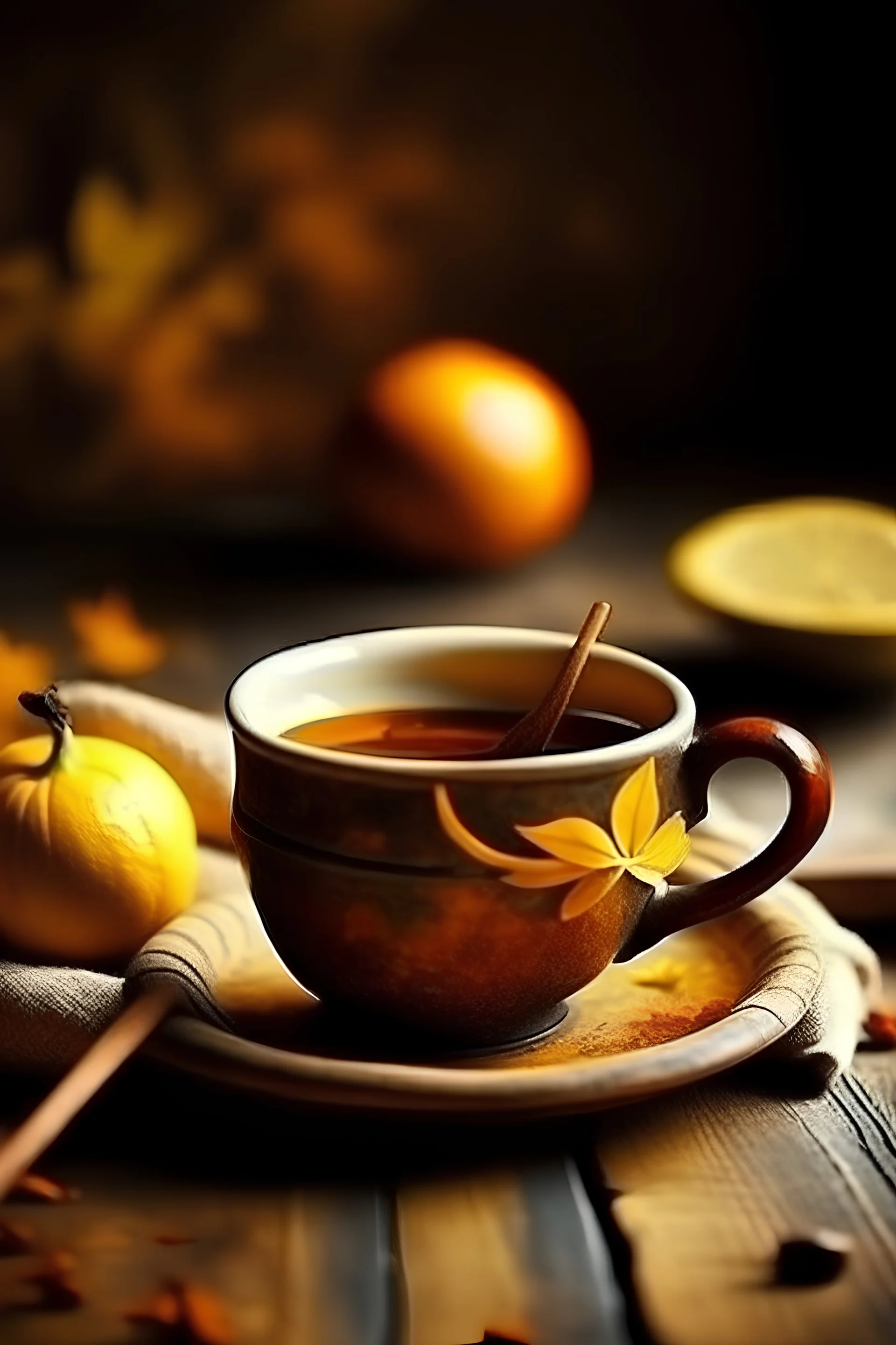 Closeup on an old mug on the table with honey, cinnamon, lemon, autumn atmosphere