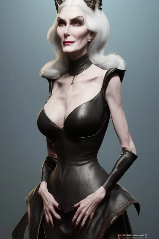 Carmen Dell`orifice as evil queen in black leather, leather, busty, cleavage, angry, stern look. character design by cory loftis, fenghua zhong, ryohei hase, ismail inceoglu and ruan jia. unreal engine 5, artistic lighting, highly detailed, photorealistic, fantasy