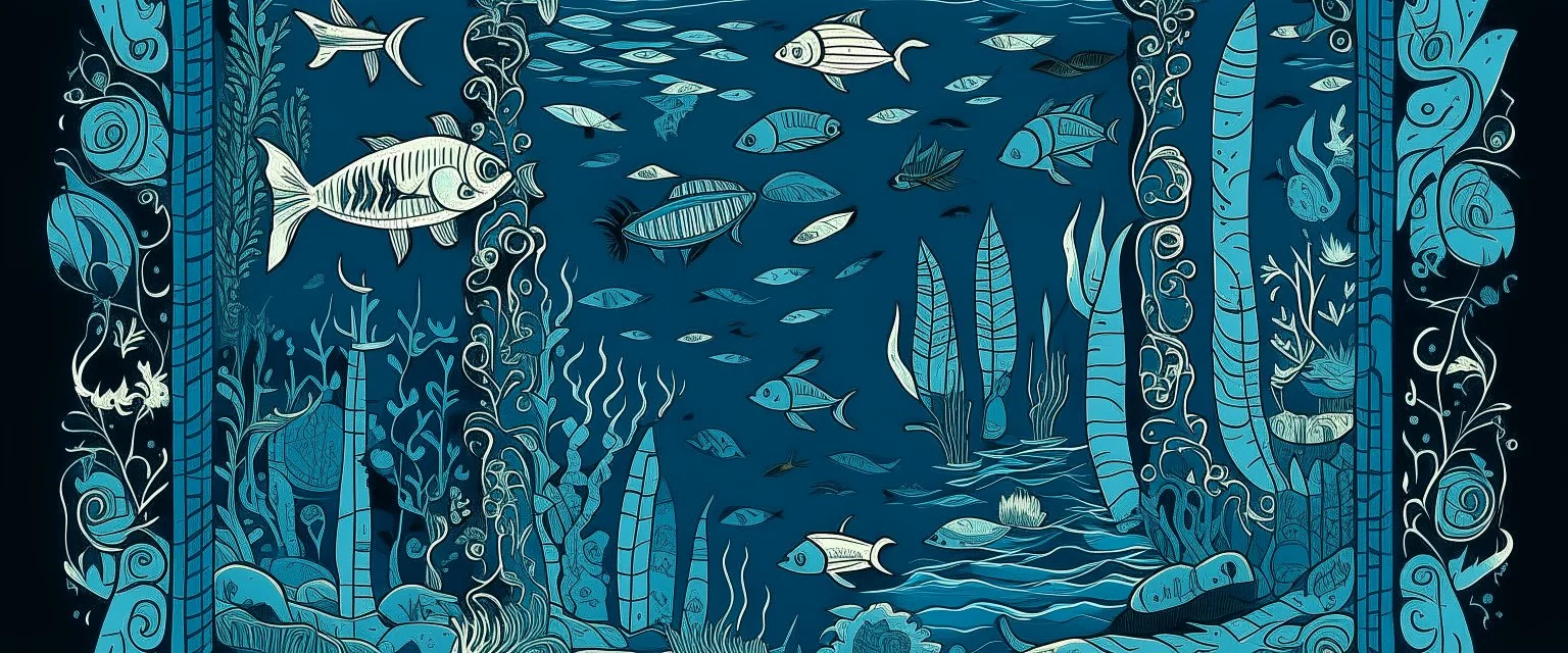 A dark blue underwater shipwrecked reef with swordfish designed in Bayeux tapestry painted by Leonardo da Vinci