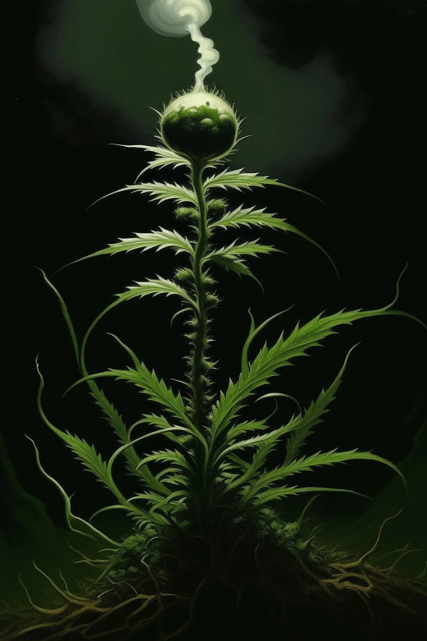 1970's dark fantasy cover dnd style oil painting of a weed logotype with minimalist far perspective.