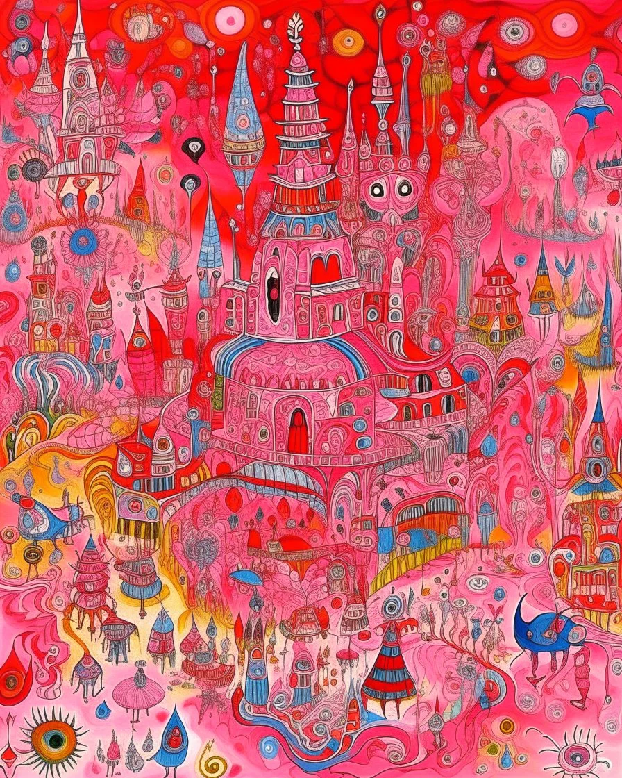 A pink tiny cybernetic fairy kingdom designed in Kuna Molas painted by Edvard Munch