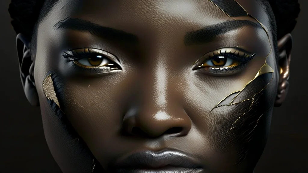 a beautiful black woman face made of kintsugi seam, photo realistic, 16K