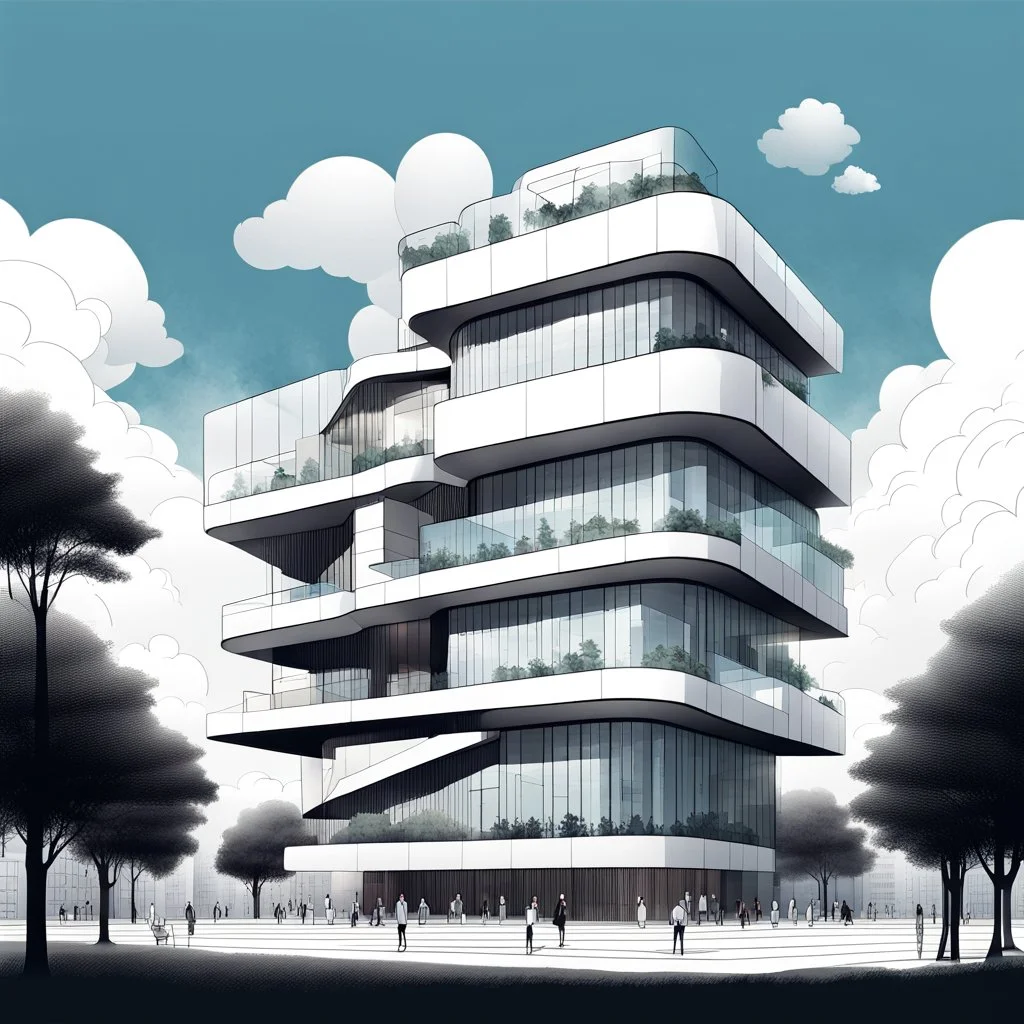 Dibujo arquitectónico de un edificio de cinco pisos, moderno, diseñado aplicando la proporción, estilo minimalista futurista, calidad ultra, gente, árboles, colores contrastantes, cielo con nubes pequeñas, maximalista