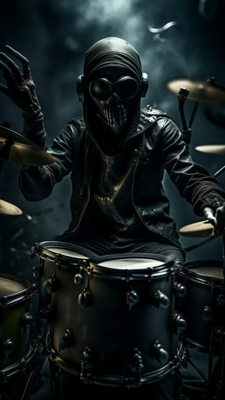 A drummer playing the drums his hands are up with a sticks wearing gas masks, they are tied to their musical instruments ,surrealism of the dark of a nightmare ten miles high and six foot deep, hyper photorealistic, hyper detailed dark art color, high resolution, fog, octane render, tilt shift, HDRI Environment, all pictures dark gray