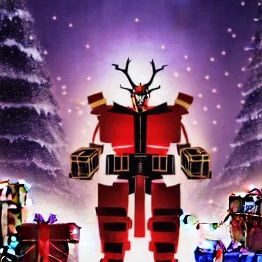 merry christmas, Transformers, Megatron dressed as Santa with Rudolph, cyberpunk, landscape, transformers, hi-tech robots, cinematic, highly detailed, close up, 4k, deep colors, gold, fire, red, purple, dark, ethereal, utopia, apocalypse,