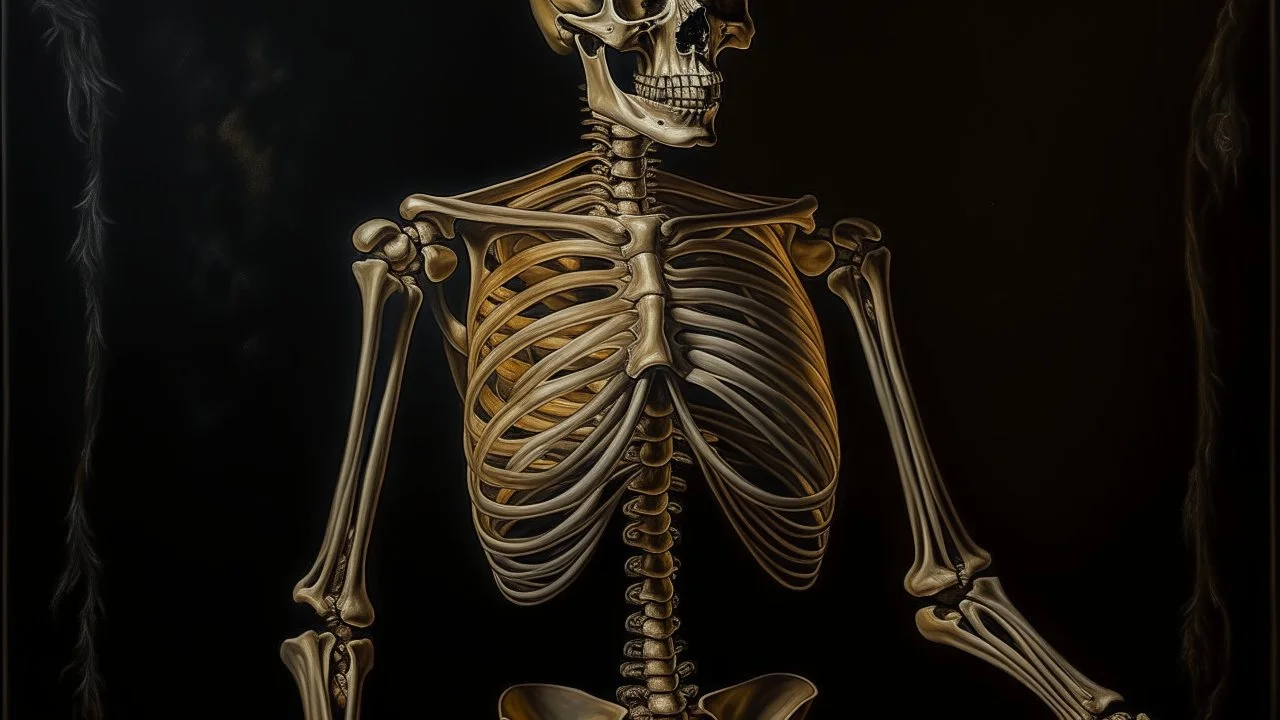 A realistic oil painting of a human skeleton, intricate details and shading, inspired by the works of Leonardo DaVinci and Albrecht Dürer, dark background with dramatic lighting, long shot to show full body, hyperrealistic style.