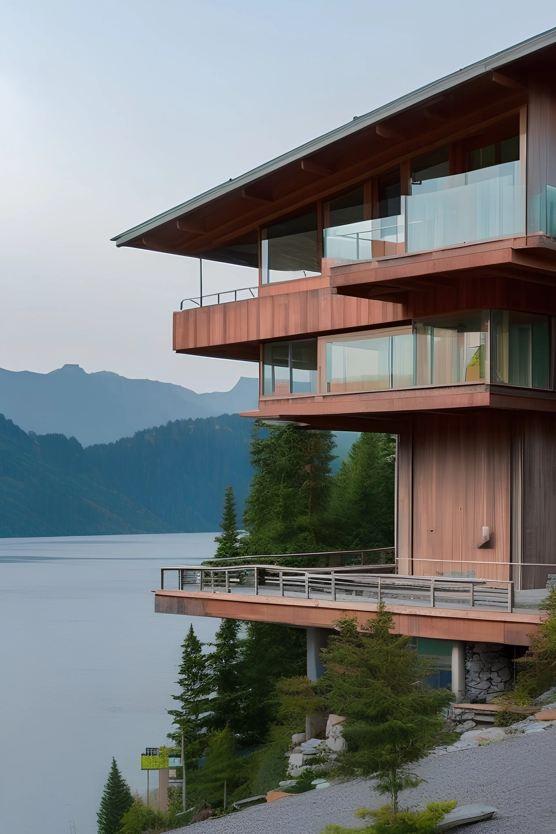 Maison design bois béton avec vue sur lac dans montagnes. Lumière soleil couchant