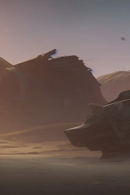 spaceship sitting on a desert plain in a ruined town