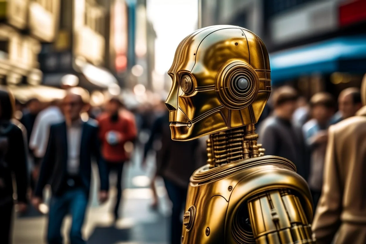 C3PO en mitad del bullicio del centro de una ciudad, primer plano y mirando de perfil, fotografía, disparo realizado con una cámara Leica, objetivo 35 mm, retrato, fondo desenfocado