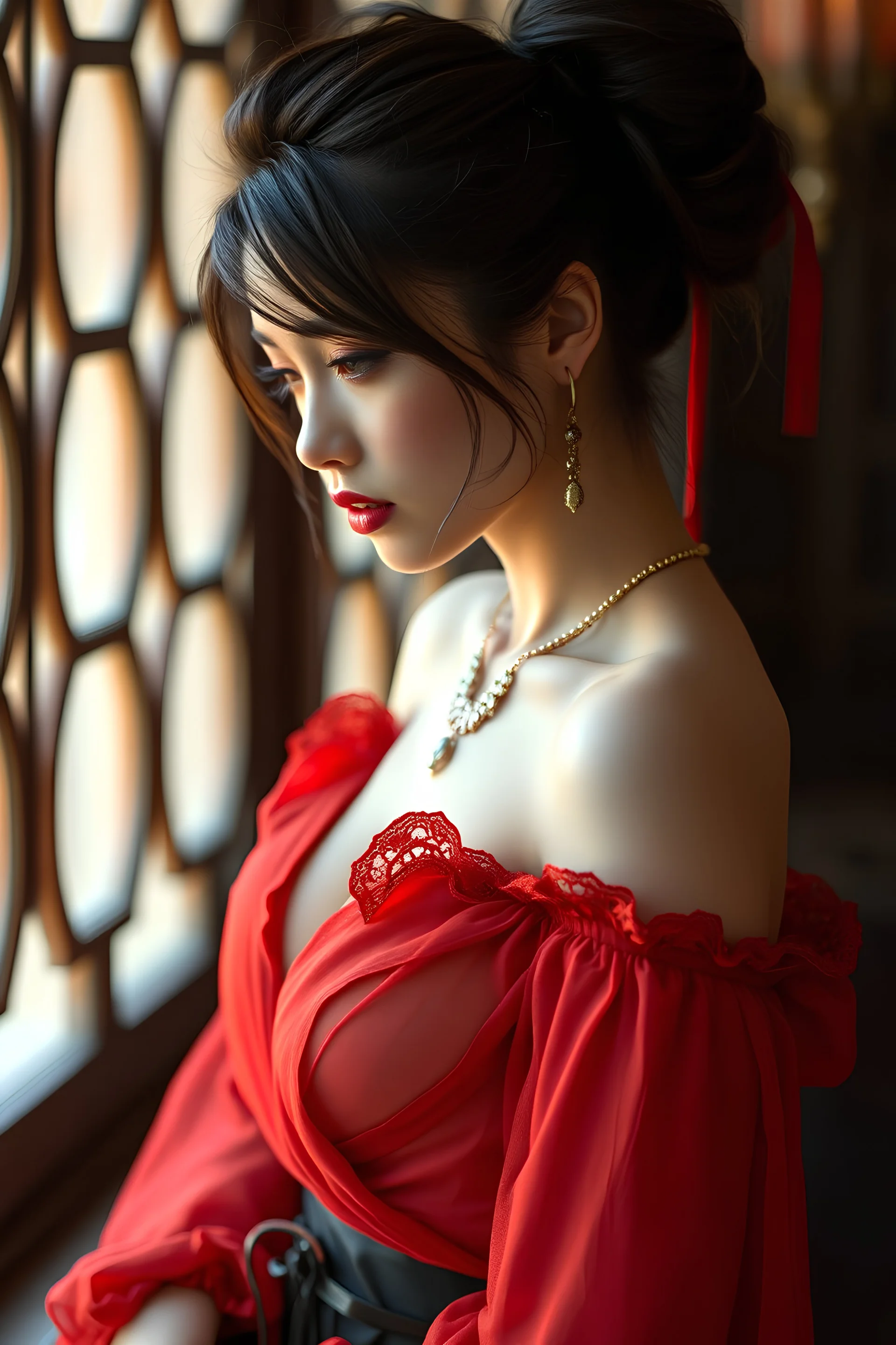 a magnificent photo of a beutiful thai woman, very beautiful and stunning red and beige Countess, ethereal shape, hair in a messy bun, low-cut chiffon top, lace stockings, reminiscent of a mix between steampunk deco and futuristic aesthetics ultra hd, vivid colors , highly detailed, UHD composition, beautiful intricate details, insanely detailed, 8k photography, photorealistic, smooth natural volumetric cinematic perfect light, sharp focus, intricate, highly detailed, by greg rutkowsk