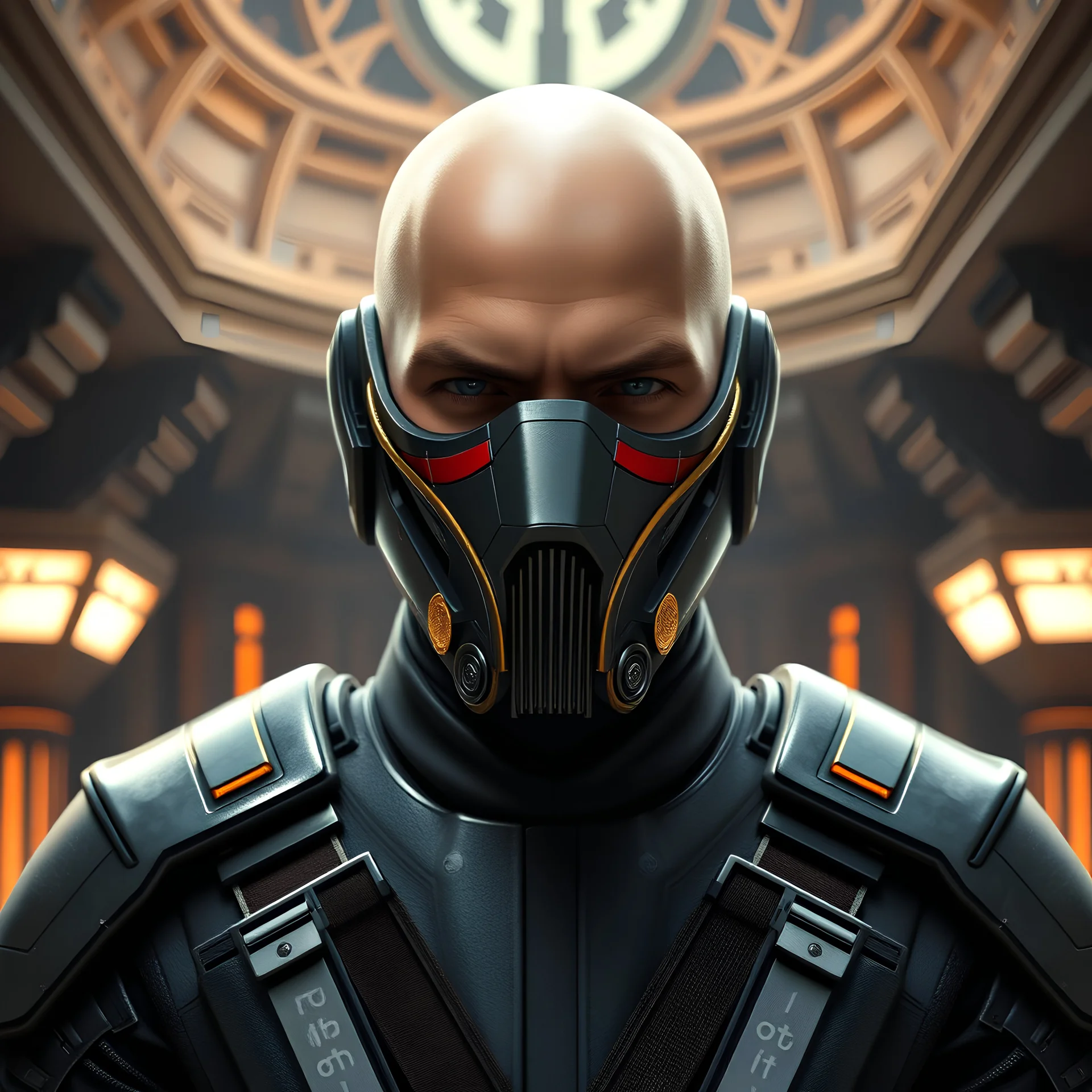 bald male corellian jedi wearing gunmetal grey and black old republic armored flightsuit and breath mask with gold and metallic red trim inside the jedi temple, centered head and shoulders portrait, hyperdetailed, dynamic lighting, hyperdetailed background, 8k resolution, volumetric lighting, light skin, fully symmetric details