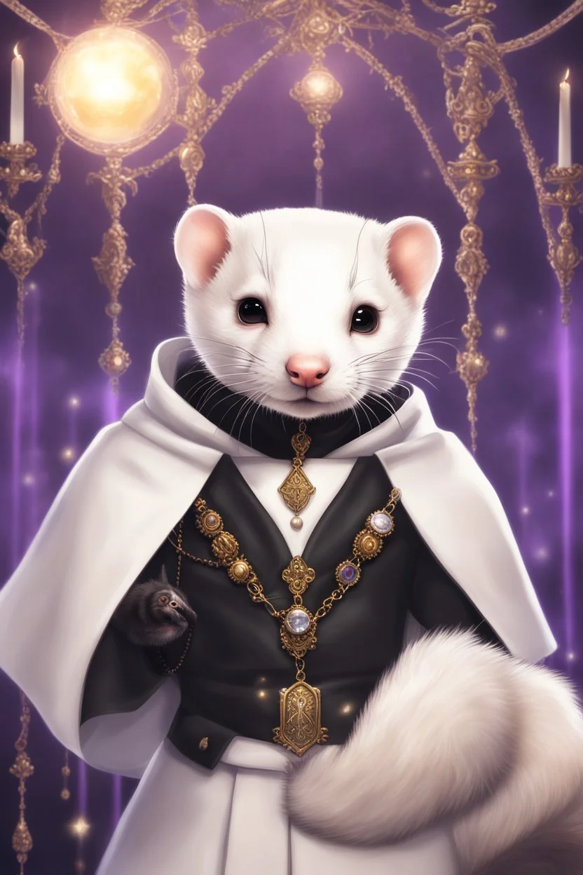 (anthropomorphic white ferret),dressed in ((cleric fantasy)) black clothes with silver holy ornaments, realistic anatomy, posing, cute face, fantasy inspire, fantasy church on background with warm sunshine lighty from behind, gloomy atmosphere, (((high angle shot))), purple armband, The holy icon style, RTX, praying, close eyes