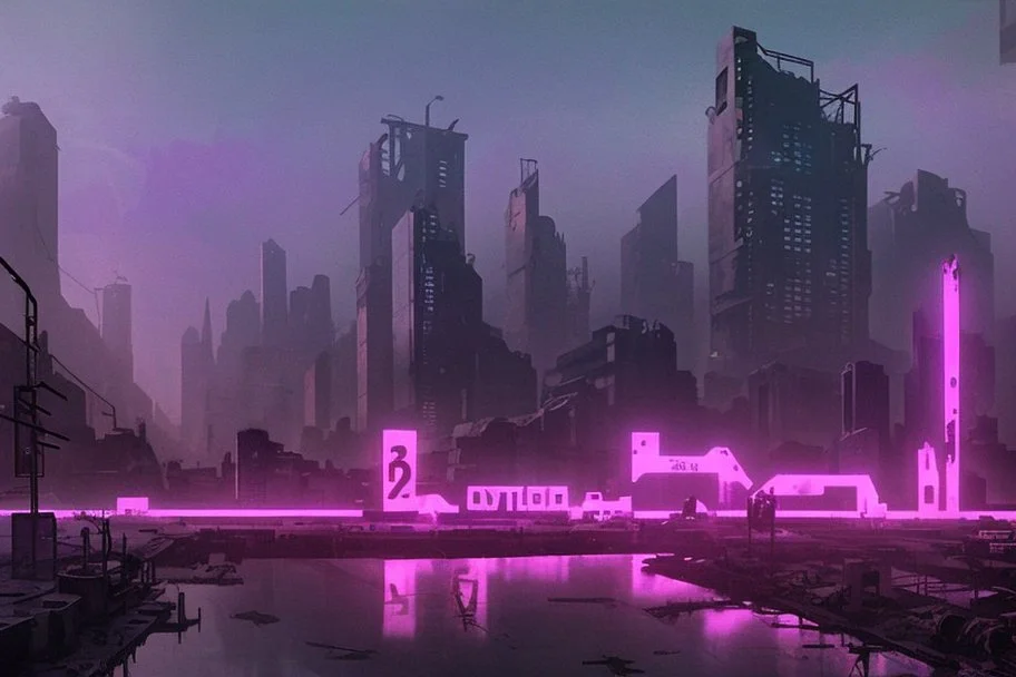 pos-apocalyptic cyberpunk city with destroyed buildings, a plubicity showing the number "2222", illuminated purple neon, dark, high contrast