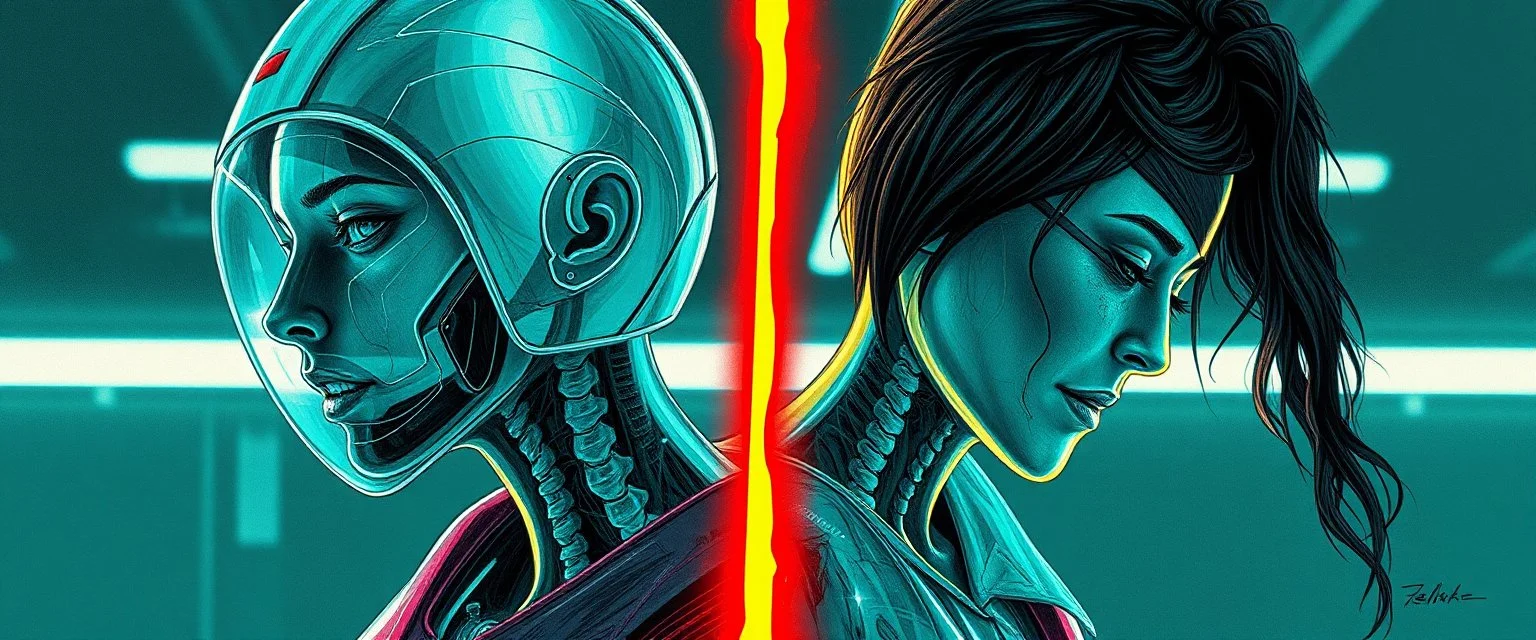 cyberpunk fallout 4, airbrush and pen outline, A cinematic, high-end advertisement image for a fictional service called “Splice Girls Nurses, Rebuilding Bone Structure on Transparent People™”. Split-screen composition with two contrasting emotional states.
