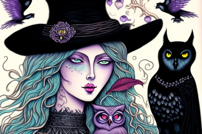 Witch, playing with owl and black cat, perfect iris, ink and pencil, pastel colours, style Elizabeth Kreitz