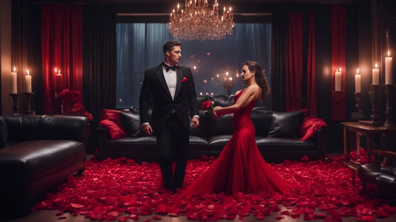 Hyper Realistic handsome muscular guy in black tuxedo & a beautiful girl in classy red gown dance in romantic bedroom with black leather couch and candles all around with dramatic ambiance with rose-petals at dark night.