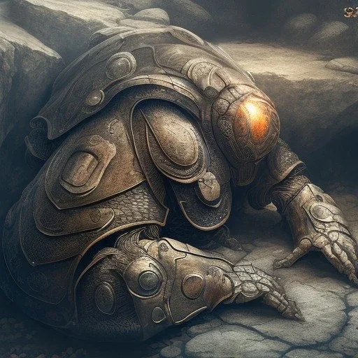 giant armored warrior sleeping on his back on a stone slab in a large cave