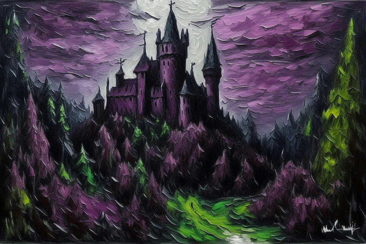 A dark magenta witch's castle painted by Claude Monet