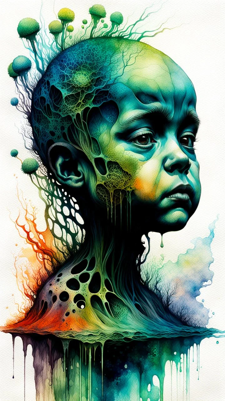 Zdzislaw Beksinski, and Peter Gric style ink wash and watercolor, full body illustration of a baby highly detailed facial features, mixed to anatomical body view, visible plant like skeletal structure, wildly flowing splash colours , 8k octane, all in focus , no grain, ethereal, otherworldly concept art in vibrant natural colors