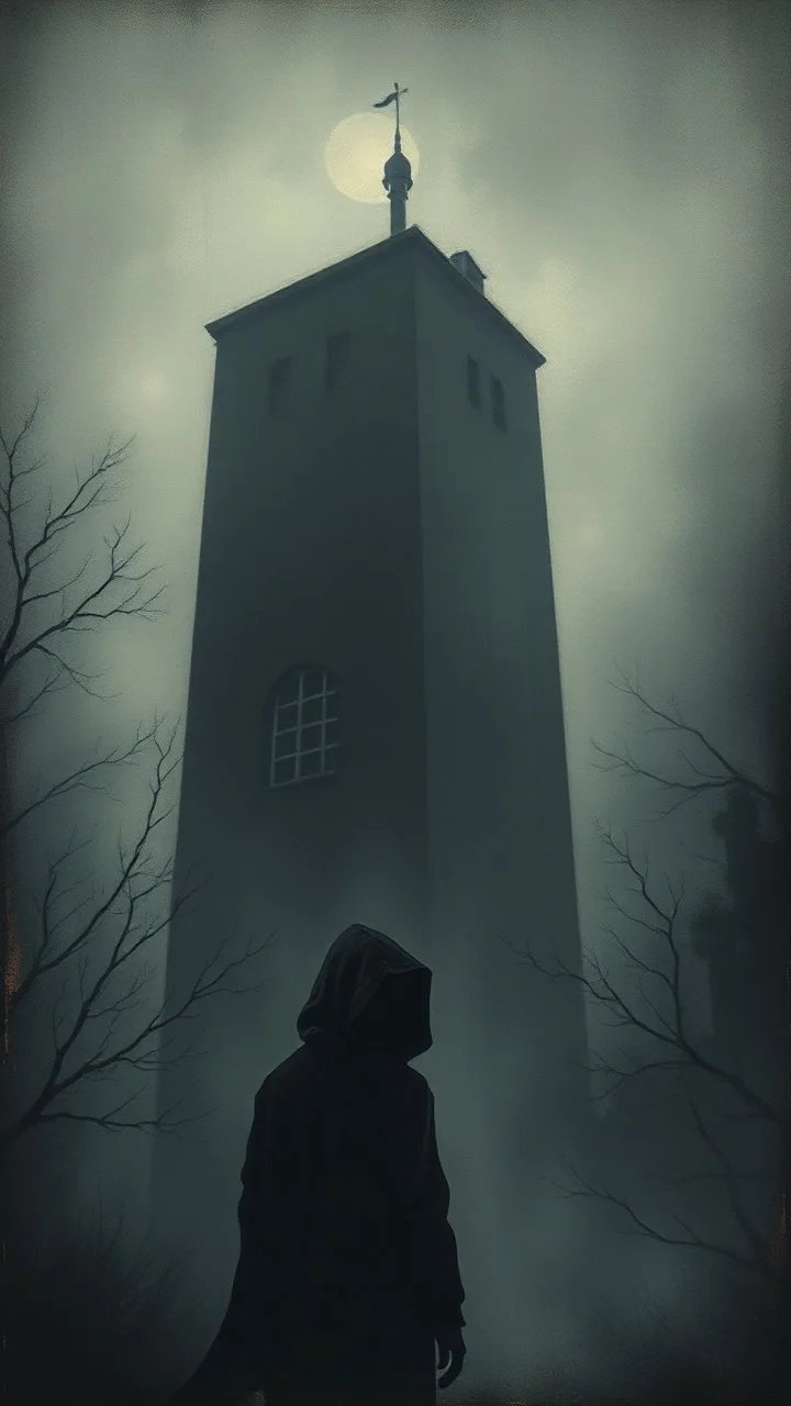 A tall building in the dark , all gray, a shadow of a creatures with hood looking at the house , foggy, blurry , dark and mysterious,painted antique canvas of a Risograph Art of a Art ,into the moody backdrop creates an atmosphere of enchantment and mystery high resolution fine detailed textures fine colors scratches, tears, burn marks, cracks in the paint in the mix style of Joan Miro Gabriel Pacheco, antique extreme canvas textured, blurry old style