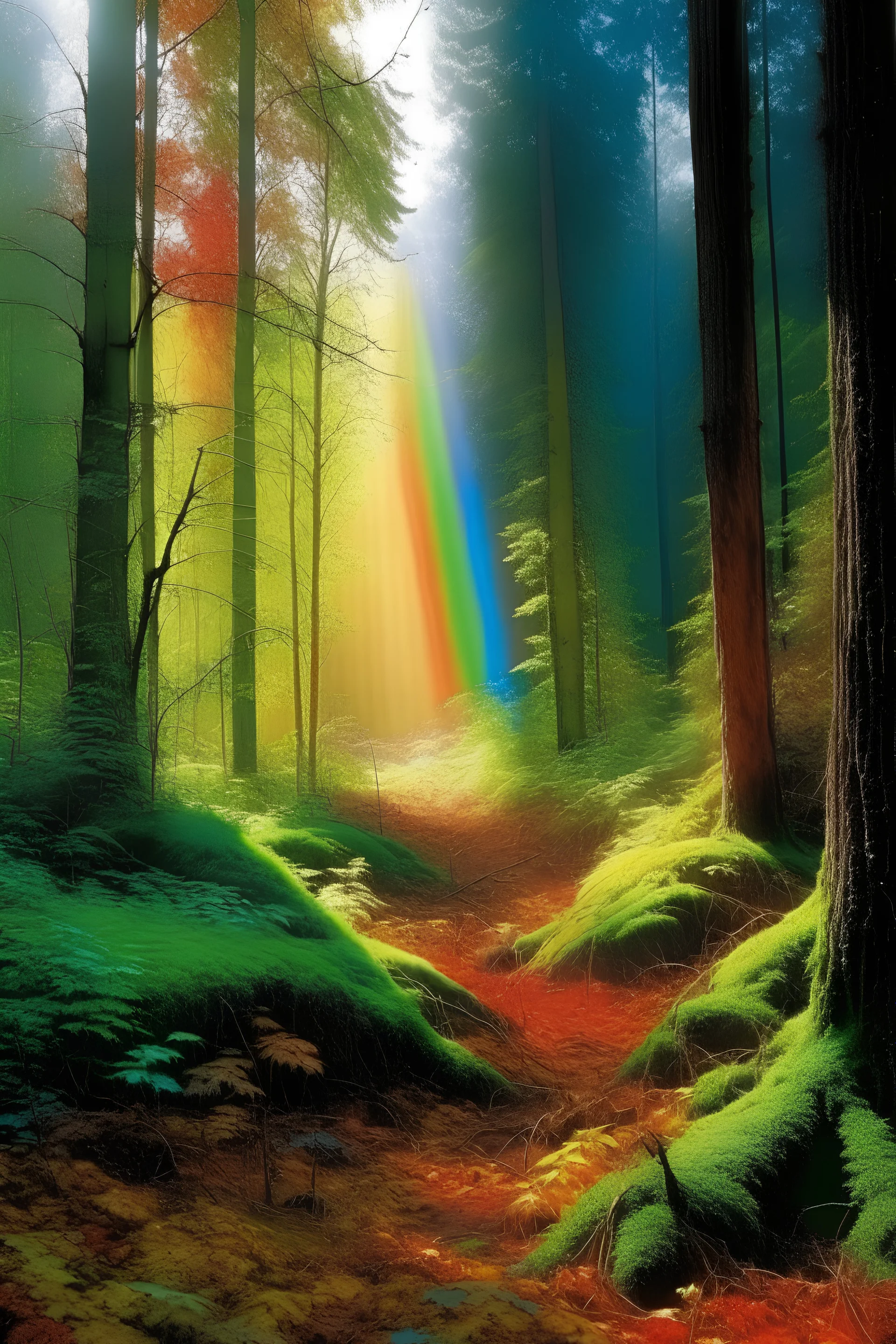 Wald Lichtung Wunder farben Sonnenschein Regenbogen